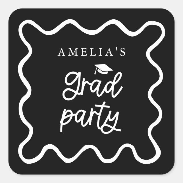 Quirky Wavy Line Black Grad Party Favour Square Sticker (Front)