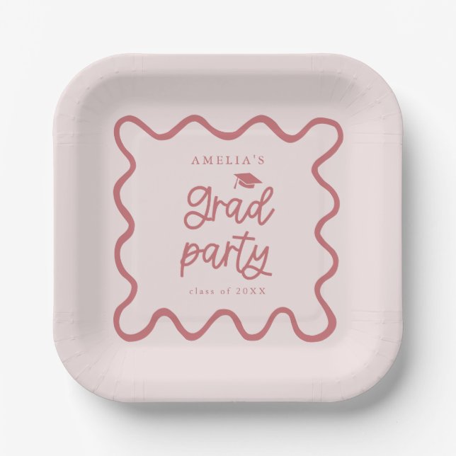 Quirky Wavy Line Blush Pink Grad Party Paper Plate (Front)