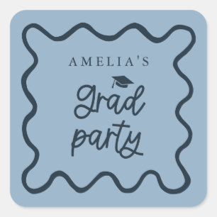Quirky Wavy Line Navy Blue Grad Party Favour Square Sticker