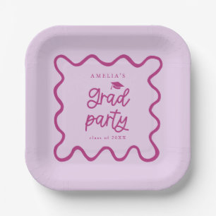 Quirky Wavy Line Pink Grad Party Paper Plate