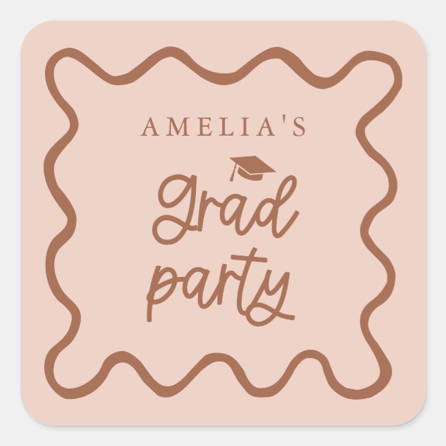 Quirky Wavy Line Terracotta Grad Party Favour Square Sticker (Front)