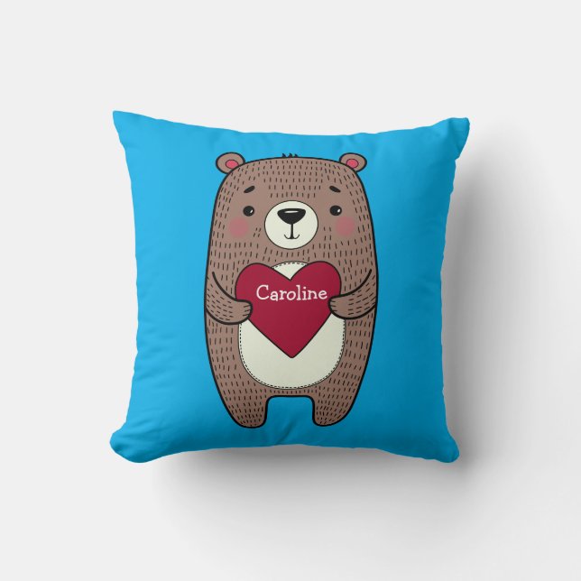 Quirky, Whimsical Bear With Heart Drawing Custom Throw Pillow (Front)