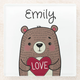 Quirky, Whimsical Bear With Heart Drawing Glass Coaster
