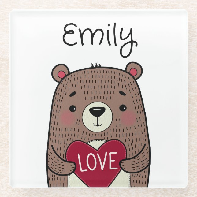 Quirky, Whimsical Bear With Heart Drawing Glass Coaster (Front)