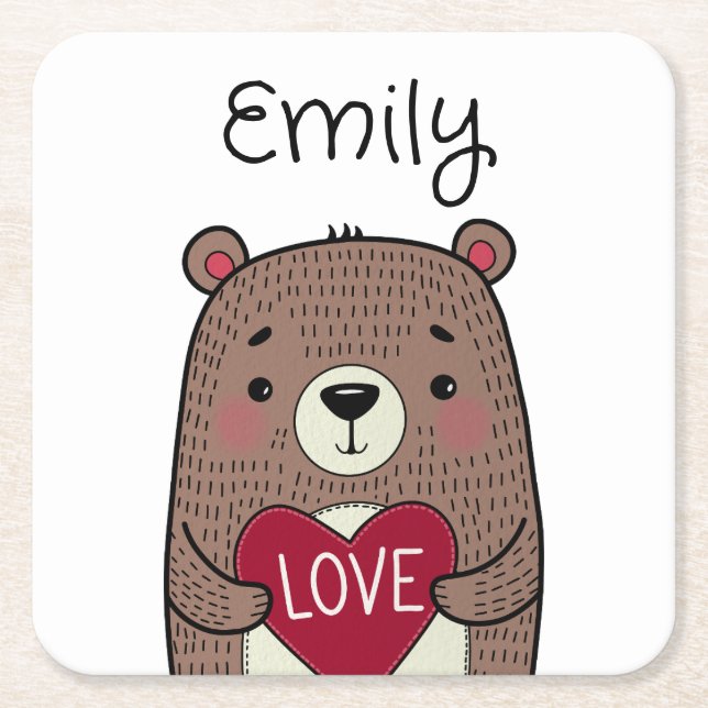 Quirky, Whimsical Bear With Heart Drawing Square Paper Coaster (Front)