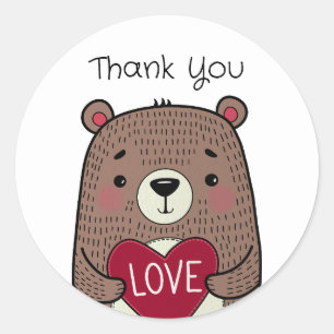 Quirky Whimsical Bear With Heart Drawing Thank You Classic Round Sticker