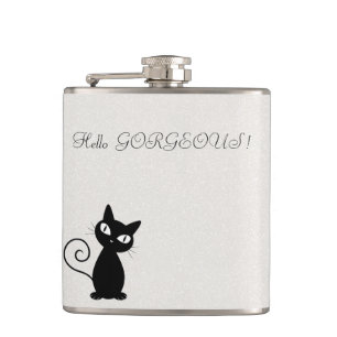 Quirky Whimsical Black Cat Glittery-Hello Gorgeous Hip Flask