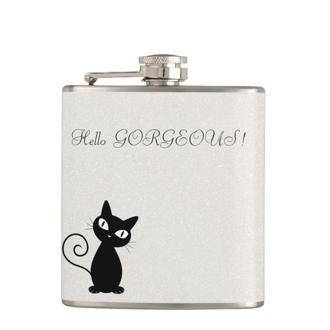 Quirky Whimsical Black Cat Glittery-Hello Gorgeous Hip Flask (Front)