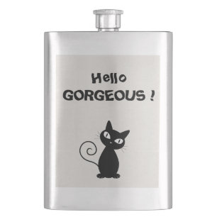 Quirky Whimsical Black Cat Glittery-Hello Gorgeous Hip Flask