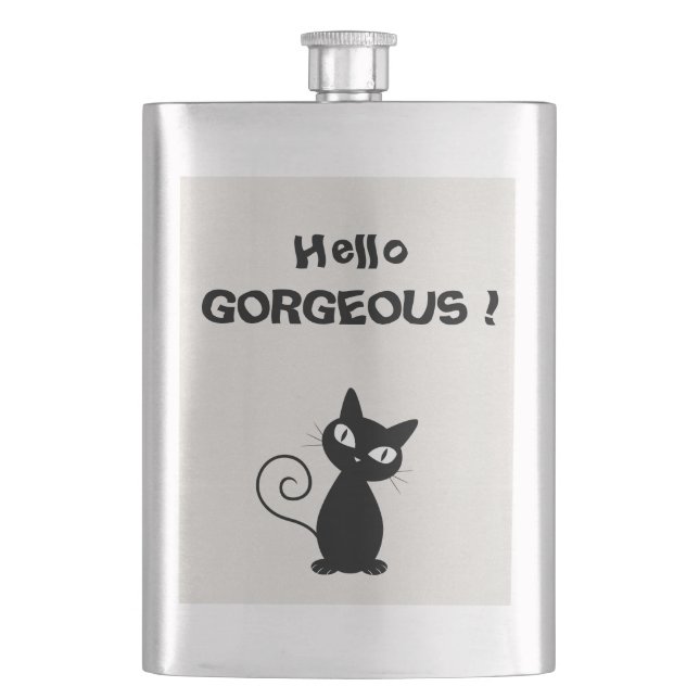 Quirky Whimsical Black Cat Glittery-Hello Gorgeous Hip Flask (Front)