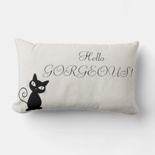Quirky Whimsical Black Cat Glittery-Hello Gorgeous Lumbar Pillow