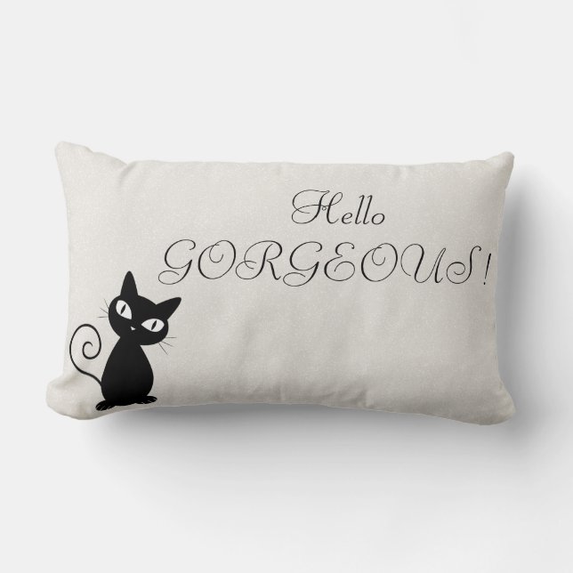 Quirky Whimsical Black Cat Glittery-Hello Gorgeous Lumbar Pillow (Front)