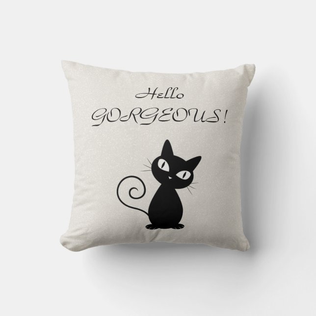 Quirky Whimsical Black Cat Glittery-Hello Gorgeous Throw Pillow (Front)