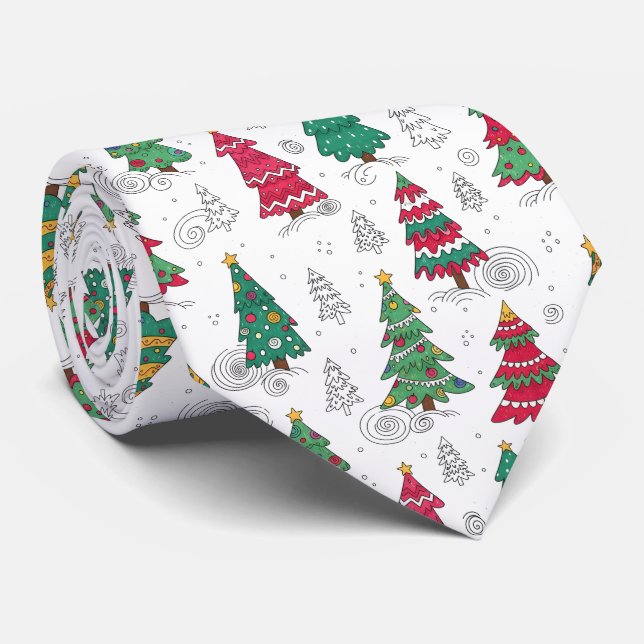 Quirky Whimsical Christmas Trees Doodles Seasonal  Tie (Rolled)