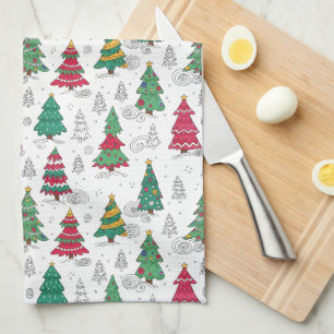 Quirky Whimsical Decorated Christmas Trees Doodles Kitchen Towel