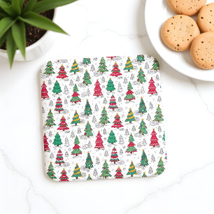 Quirky Whimsical Decorated Christmas Trees Doodles Square Paper Coaster