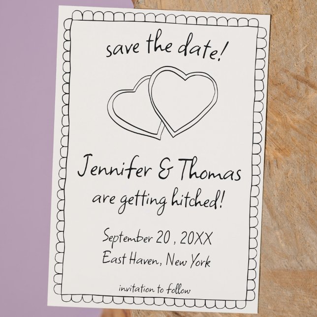 Quirky Whimsical Hand Drawn Doodle Save the Date Invitation (hand drawn scribble doodle sketch save the date heart handwriting QR code black and white quirky )