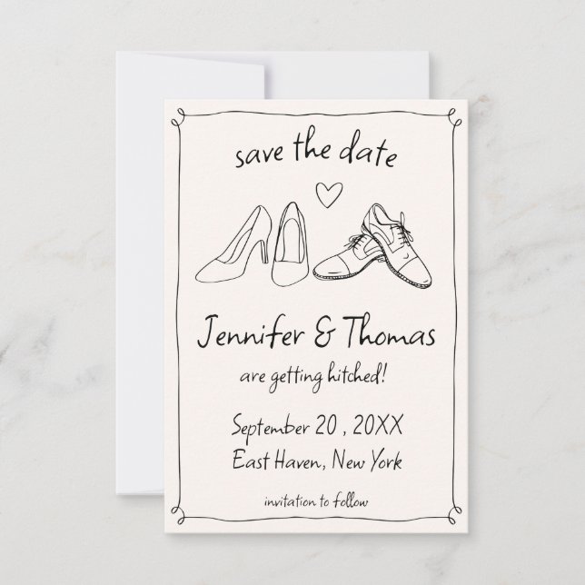 Quirky Whimsical Hand Drawn Doodle Shoes Wedding Save The Date (Front)
