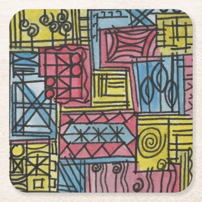 Quirky-Whimsical Hand Painted Abstract Art Square Paper Coaster (Front)