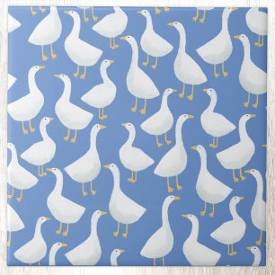 Quirky White Goose Blue Cottagecore Pattern Tile