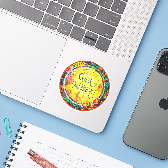 Quit Overthinking Fun Yellow Inspirivity Sticker (Laptop w/ iPhone)