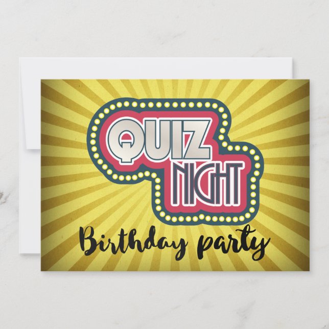 Quiz Night BirthdayTrivia Party on Yellow Sunrays Invitation (Front)
