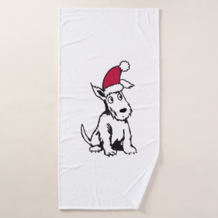 Quizzical Terrier in Santa Hat. Bath Towel