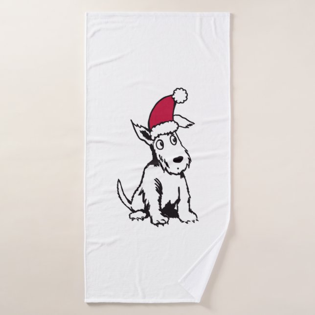 Quizzical Terrier in Santa Hat.   Bath Towel (Bath Towel)