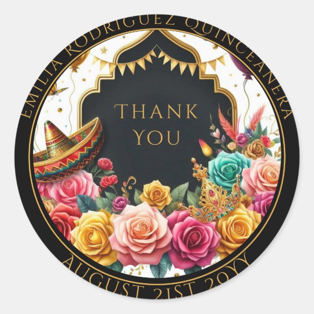 Quniceanera Favour Bag Black Gold Floral Roses Chi Classic Round Sticker (Front)