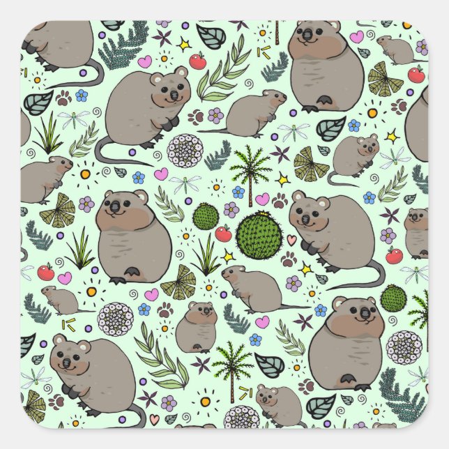 Quokkas in Green Square Sticker (Front)