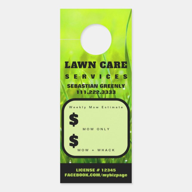 *~* Quote Estimate Green Grass Lawn Care Door Hanger (Front)