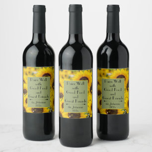 Quote & Name on Bright Sunflowers Fern Colour Fram Wine Label