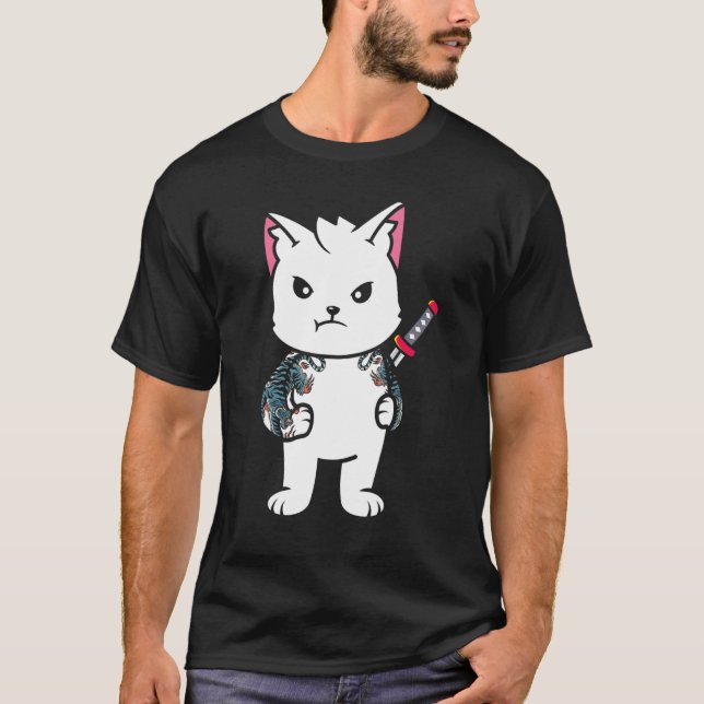 Quote Samurai Cat Katana Ninja Yakuza Tattoo T-Shirt (Front)