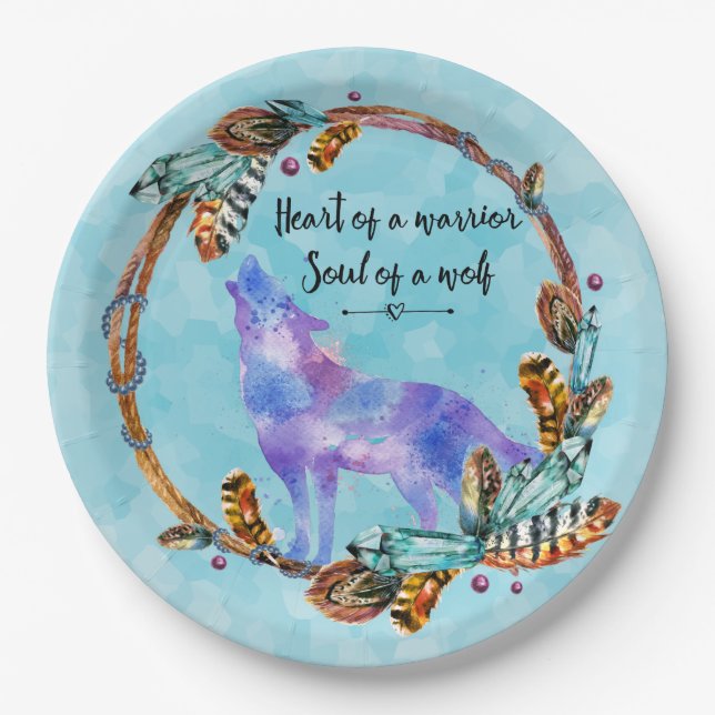 Quote with Howling Wolf in a Boho Wreath Paper Plate (Front)