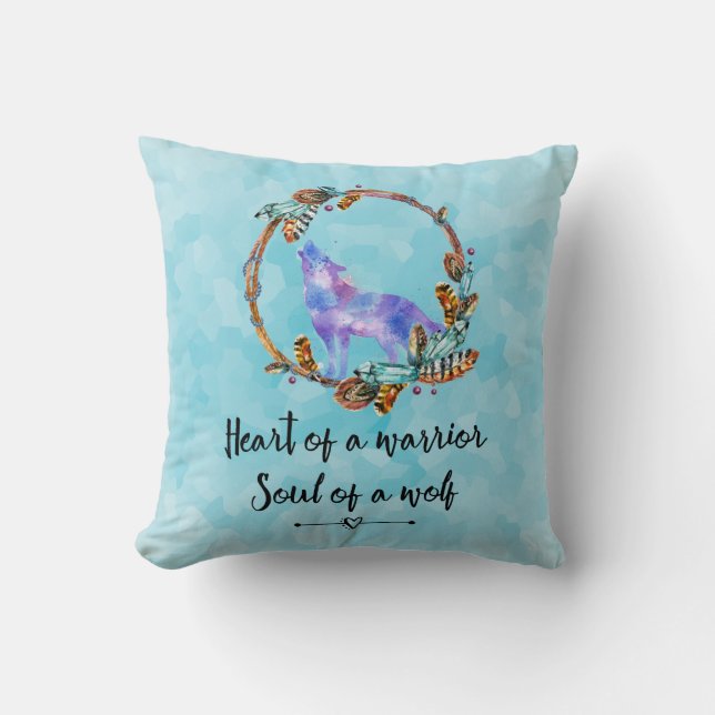 Quote with Howling Wolf in a Boho Wreath Throw Pillow (Front)