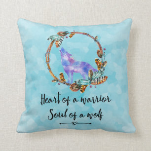 Quote with Howling Wolf in a Boho Wreath Throw Pillow