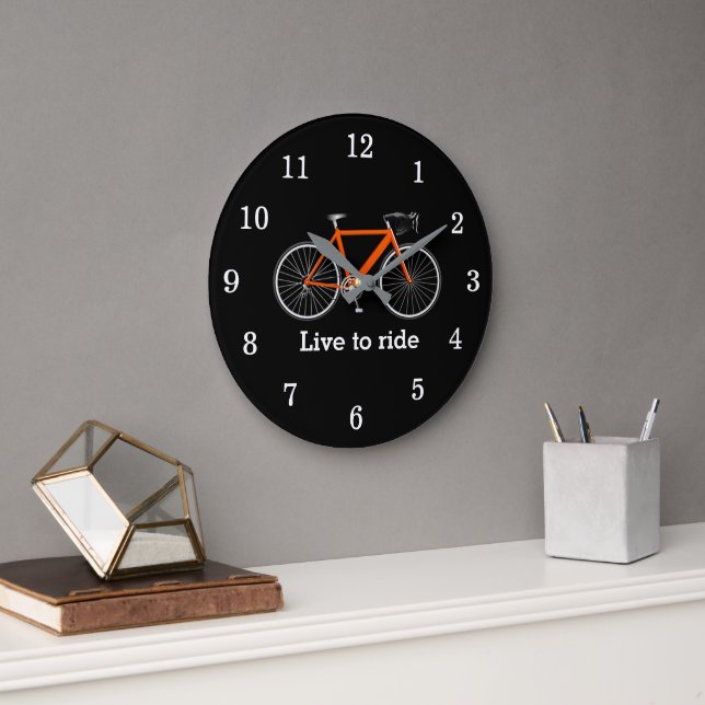 Quote With Orange Bicycle On Black Large Clock (Office)