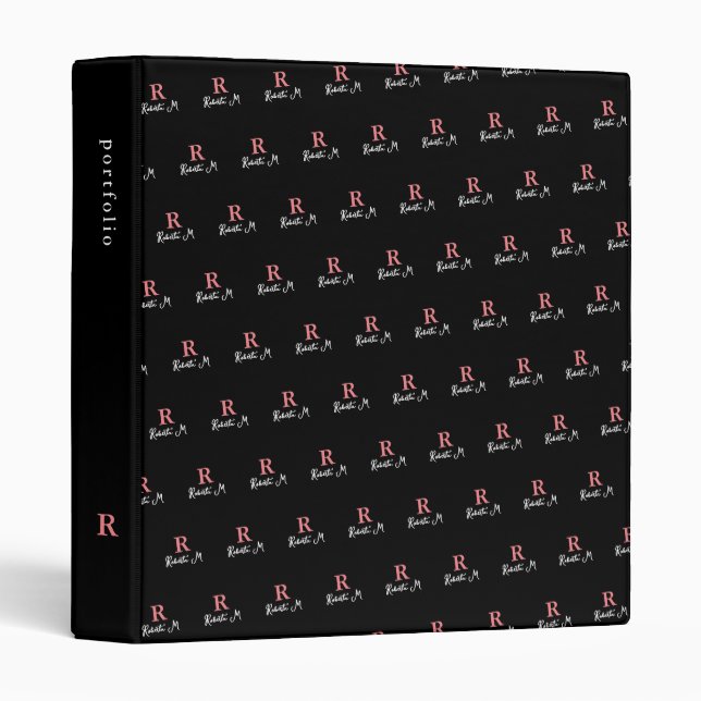 R custom Pink Monogram stamped allover Black Binder (Front/Spine)