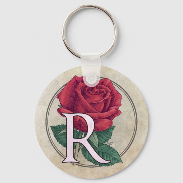 R for Rose Flower Monogram Keychain (Front)