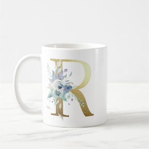 R,  golden initial with blue floral foliage coffee mug
