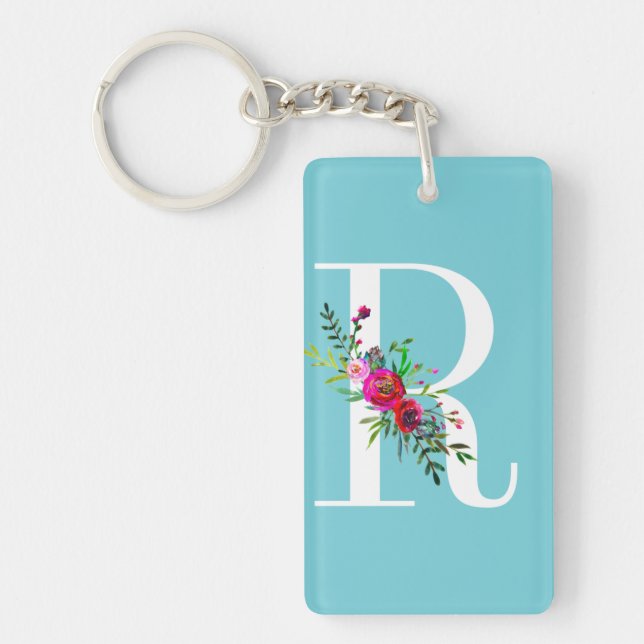 R Letter Initial Monogram Floral Custom Colour Keychain (Front)