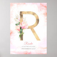 R Letter Monogram Gold Leaves Pink Magnolia Floral