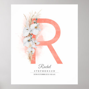 R Letter Monogram White Orchids and Pampas Grass Poster