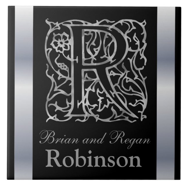 R Monogram and Name "Besque on Black" Ceramic Tile (Front)