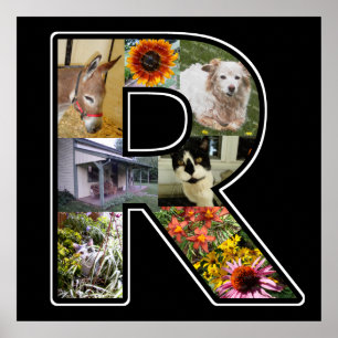 R Monogram Create Your Own 8 Photo Collage Black Poster