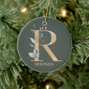R Monogram Floral Personalized Ceramic Ornament