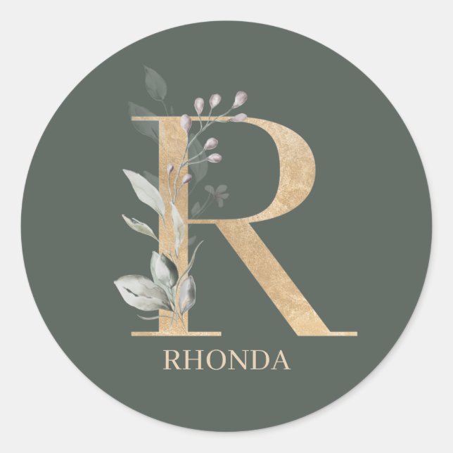 R Monogram Floral Personalized Classic Round Sticker (Front)