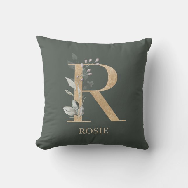 R Monogram Floral Personalized Throw Pillow (Front)