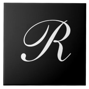R Monogram Initial White on Black Tile