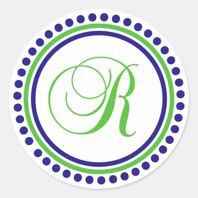 R Monogram (Navy Blue / Lime Green Dot Circle) Classic Round Sticker (Front)